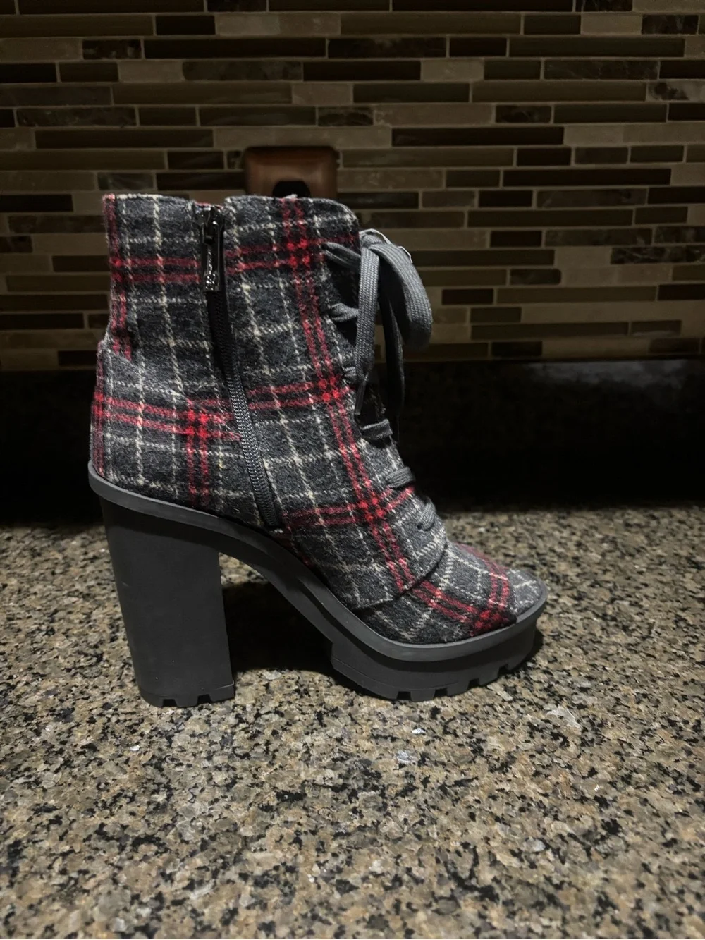 Jessica Simpson Plaid Lace-Up Chunky Heel Ankle Boots - Red & Gray